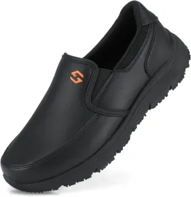 HISEA Men's Leather Non Slip Food Service Shoes, Water & Oil Resistant, Comfortable, Breathable, Lightweight Slip Resistant Shoes for Men, for Kitchen, Restaurant, Slip-on Chef Walking Shoes