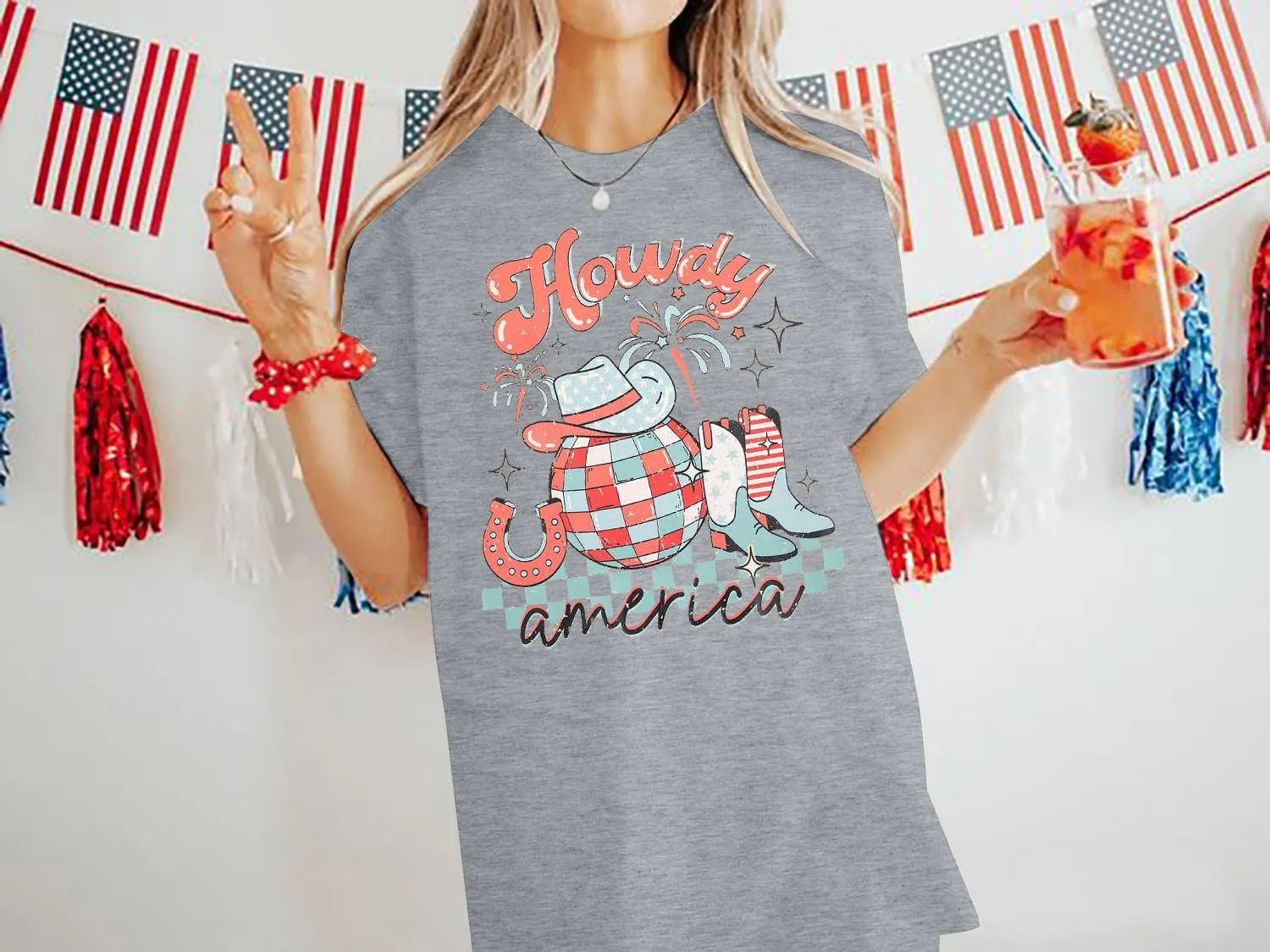 Howdy American Western Shirt Red White Blue Graphic 4th of July Shirt Oversized Tee Tops