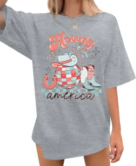 Howdy American Western Shirt Red White Blue Graphic 4th of July Shirt Oversized Tee Tops