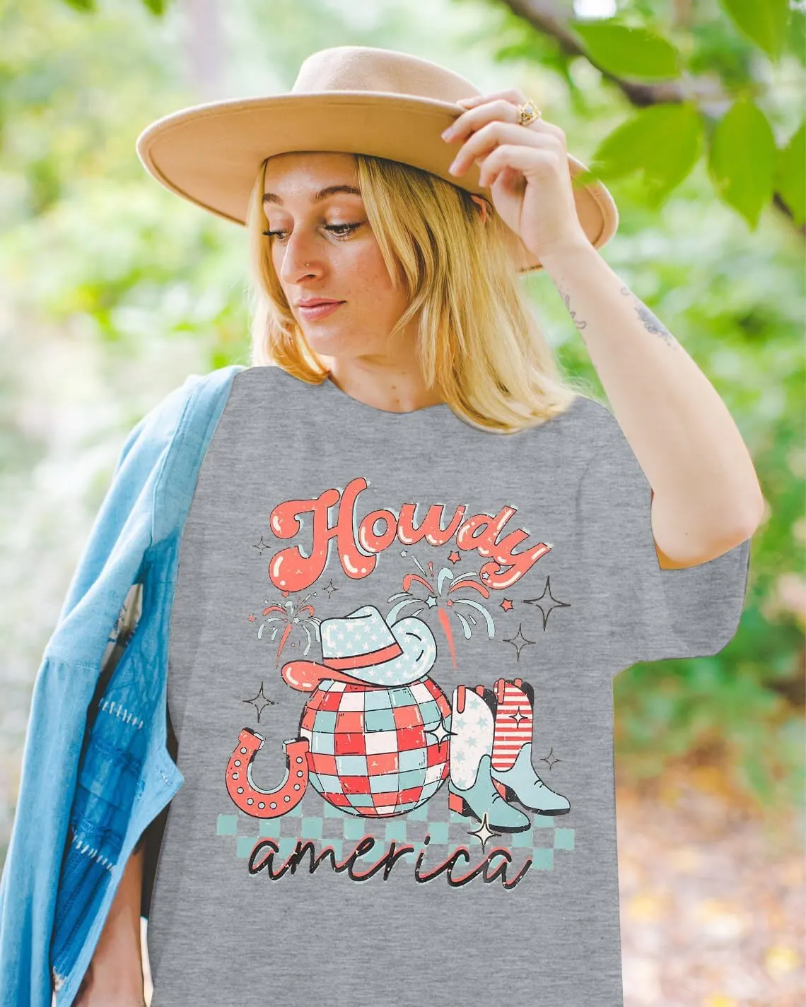 Howdy American Western Shirt Red White Blue Graphic 4th of July Shirt Oversized Tee Tops