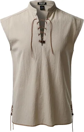 Men's Retro Pure Cotton Lace Up Sleeveless Shirts for Pirate Renaissance Medieval Viking Costume