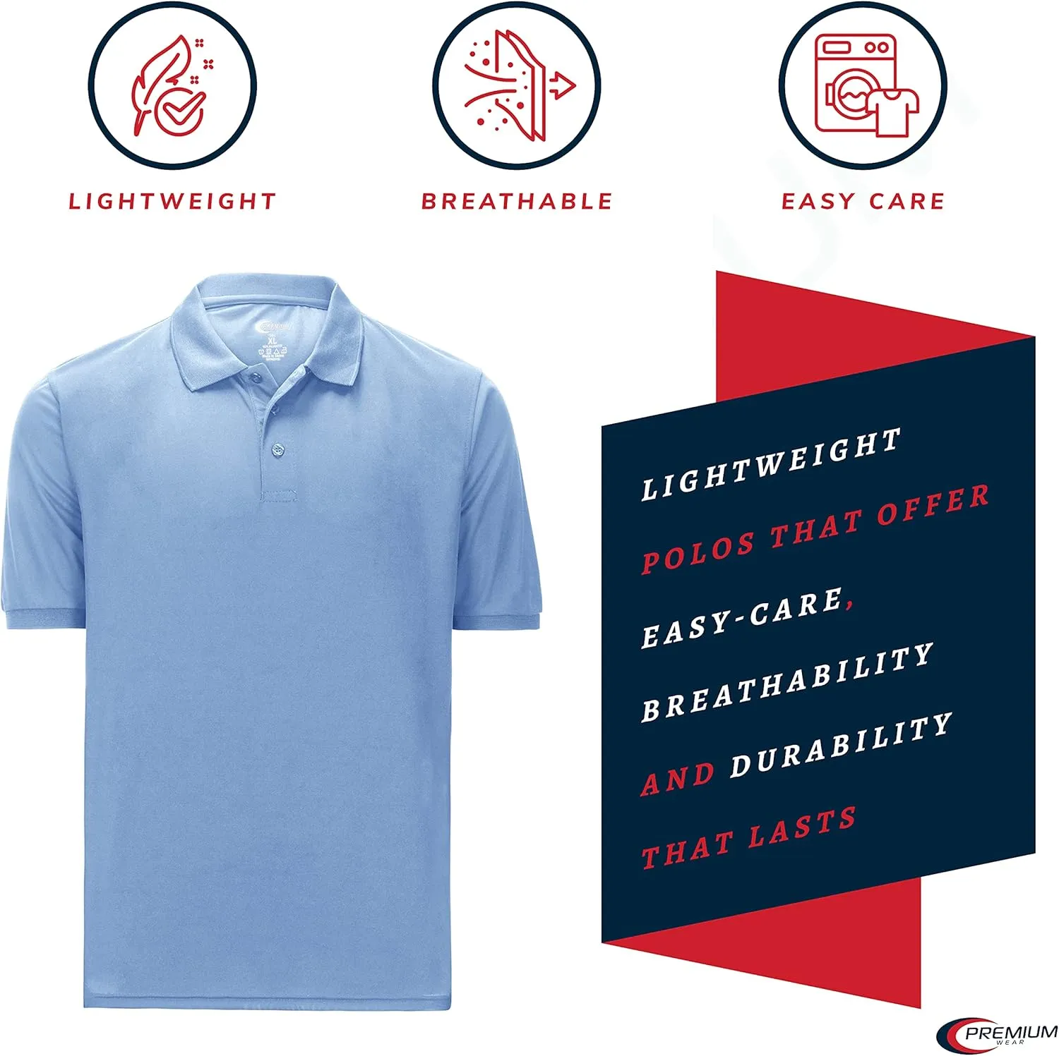 Premium Wear Men's Polo T-Shirt, High Moisture Wicking Dry Fit Performance Short-Sleeve Polo T-Shirt w Collar for Golf Tennis
