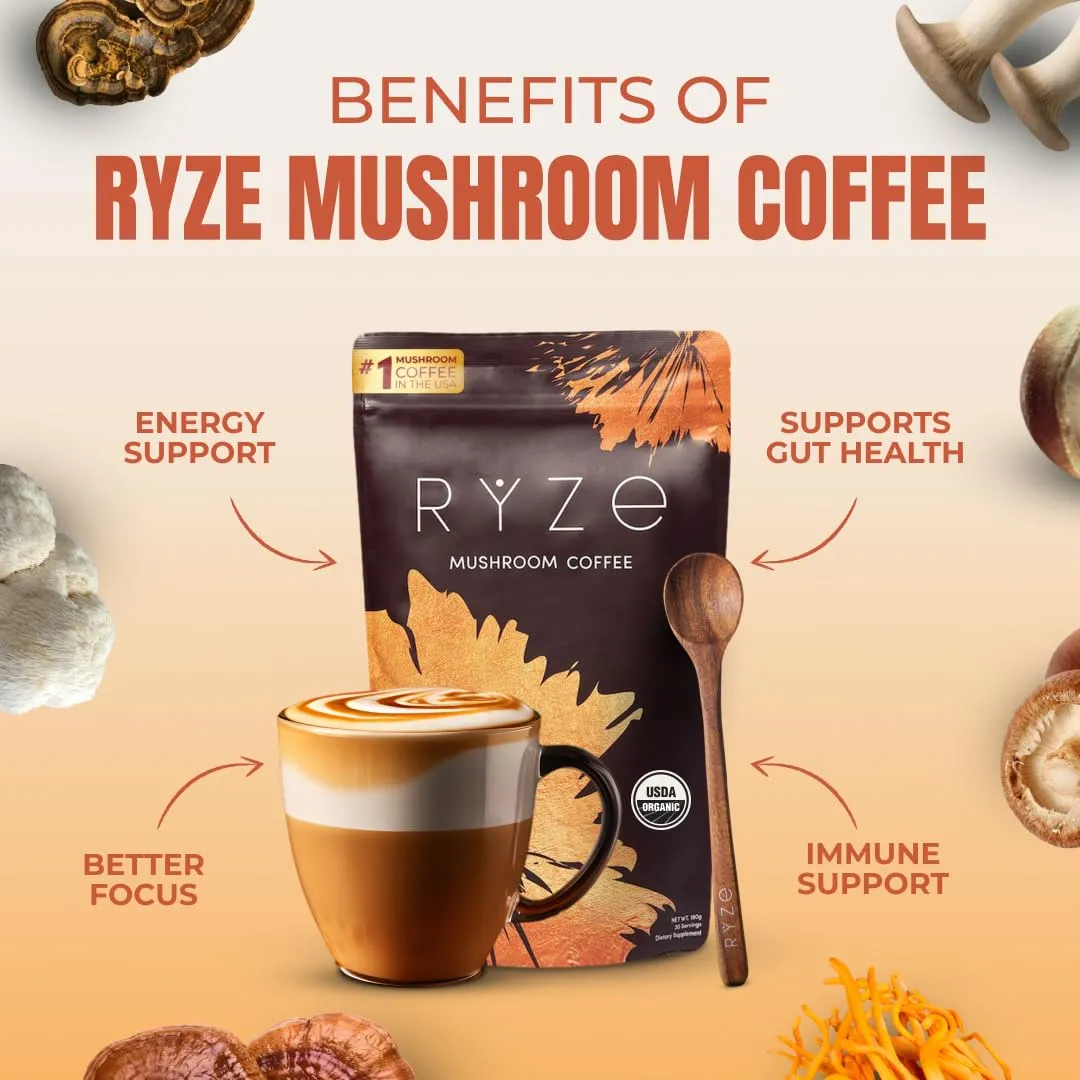 RYZE Mushroom Coffee USDA Organic with 6 Adaptogenic Mushrooms and MCT Oil, USA Grown Instant Coffee for Better Energy, Focus, Digestion, Immunity with Turkey Tail, Shiitake, Lion's Mane, 30 Servings