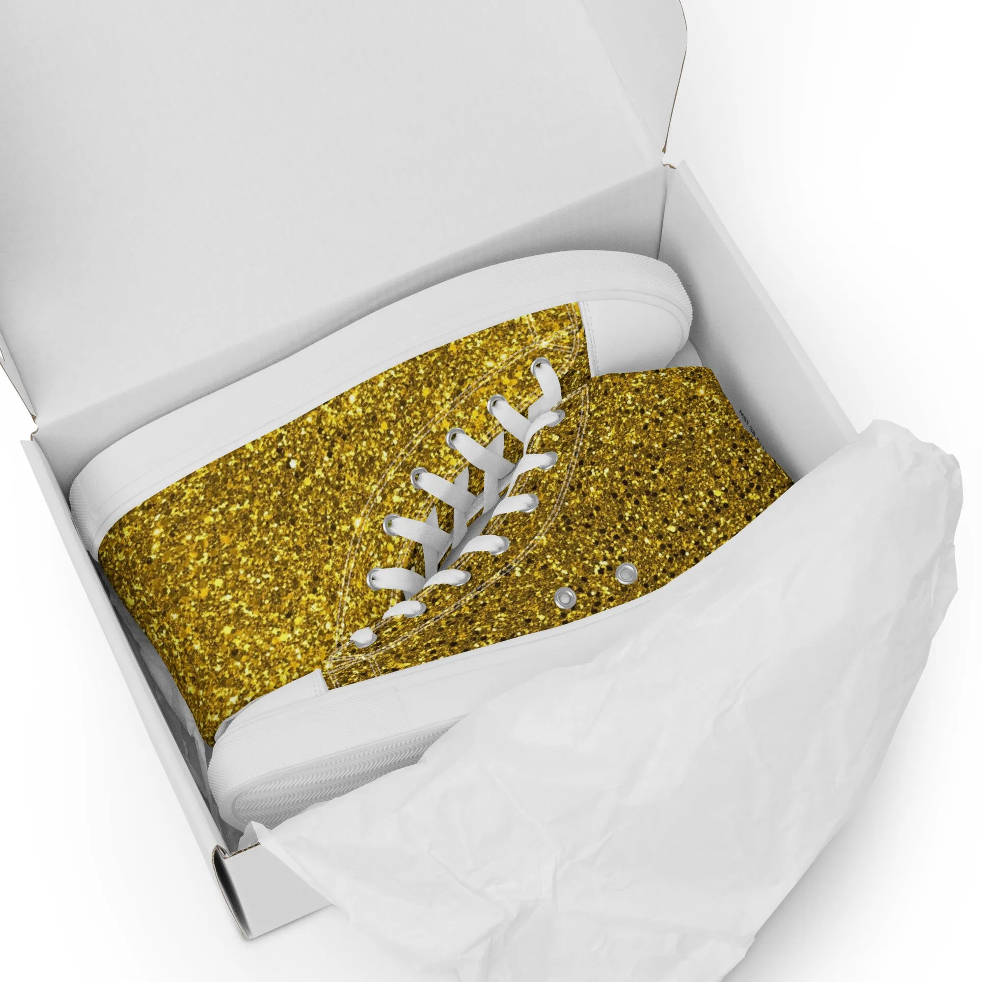 Women’s Gold Glitter Print high top canvas shoes, Gold Glitter Sneakers, Fashion Sneakers