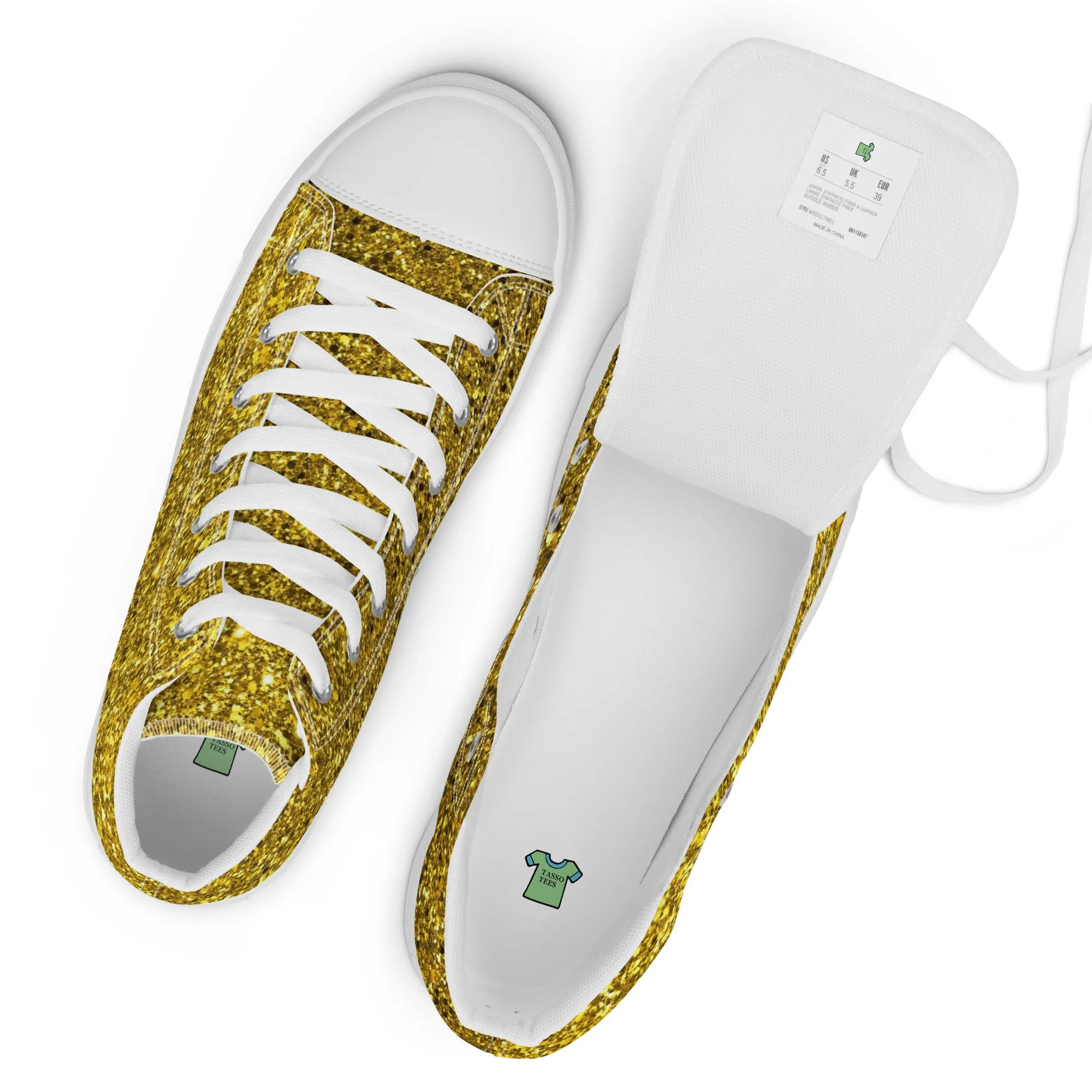 Women’s Gold Glitter Print high top canvas shoes, Gold Glitter Sneakers, Fashion Sneakers