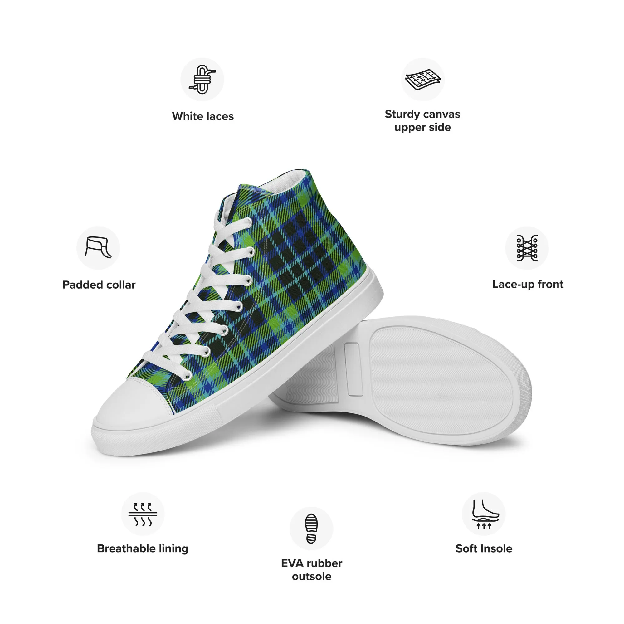 Women’s Green and Blue Plaid high top canvas shoes